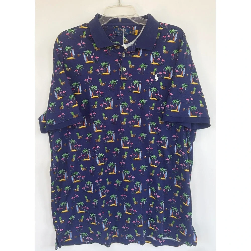 Polo Ralph Lauren Classic Fit Tropical Flamingo Surfboard Polo Shirt Navy XXL